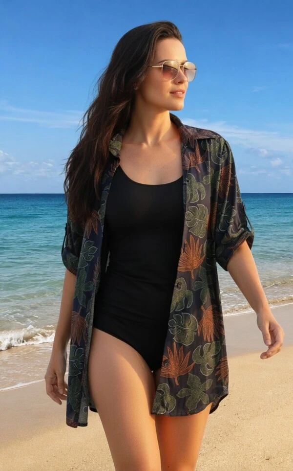 Chemise de Praia com Botões e Martingale Estampa Folhagem,CM319