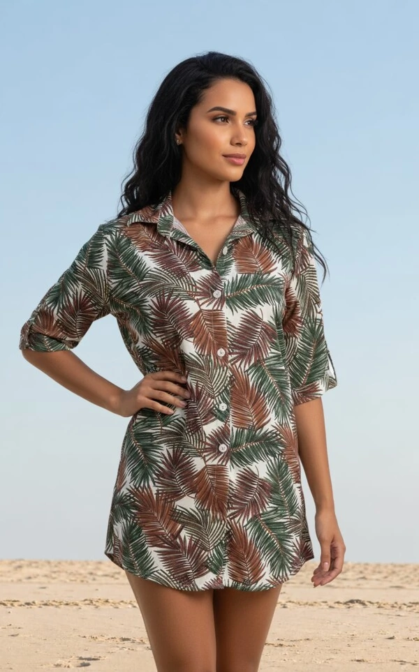Saída de Praia Camisão Curto com Botões Estampa Folhagem,CM319