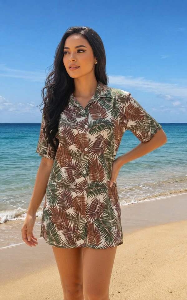 Saída de Praia Camisão Curto com Botões Estampa Folhagem,CM319