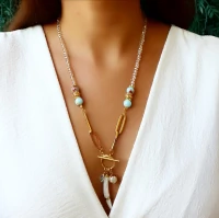 Colar Marrocos com Dente Madrepérola e Pedra Jaspe Azul