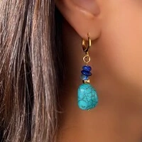 Brinco Argola com Pedra Turquesa e Cascalho Lápis Lazúli