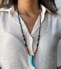 Colar Dente Turquesa com Ágata Marrom e Cristal