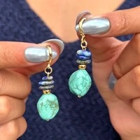 Brinco Argola com Pedra Turquesa e Cascalho Lápis Lazúli