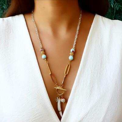 Foto Colar Marrocos com Dente Madrepérola e Pedra Jaspe Azul