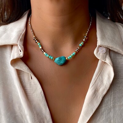 Foto Choker/Gargantilha com Pedra Turquesa e Cristal