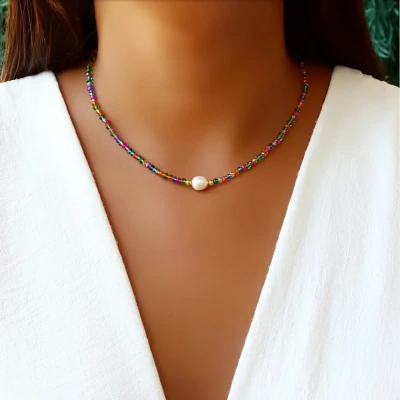 Choker/Gargantilha Caribe com Cristal Color e Pérola de Água Doce