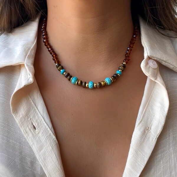 Colar Pedra Turquesa e Pedra Natural Olho de Tigre