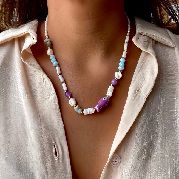 Colar Peixe Madrepérola com Cristal e Pedra Natural