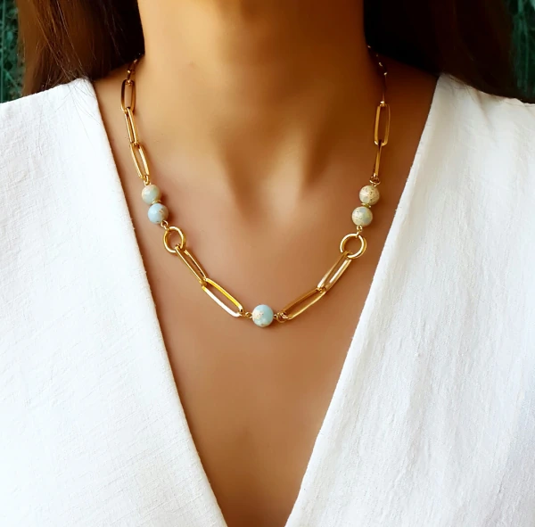 Colar Marrocos Elos com Pedra Jaspe Azul