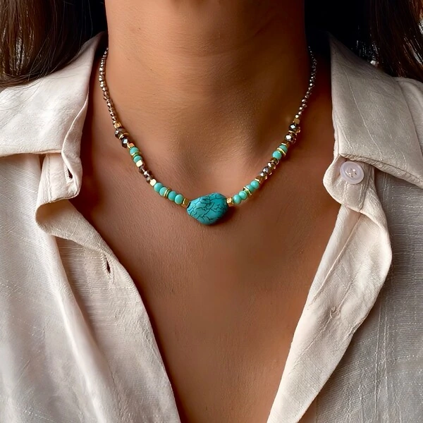 Choker/Gargantilha com Pedra Turquesa e Cristal