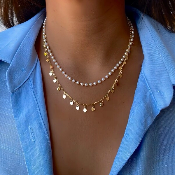 Colar Duplo Coração e Pérola Sintética