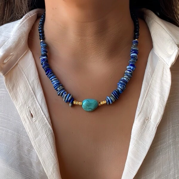 Colar Pedra Turquesa e Cascalho Lápis Lazúli