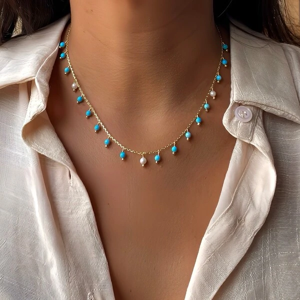 Choker/Gargantilha com Pedra Turquesa e Pérola