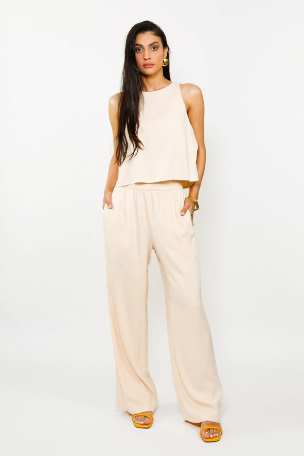 Calça Pantalona Elástico Gin Creme