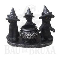 Trio de Gatos Bruxos com Caldeirão - Incensário e Porta Vela