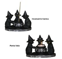 Trio de Gatos Bruxos com Caldeirão - Incensário e Porta Vela