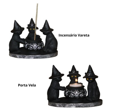 FotoTrio de Gatos Bruxos com Caldeirão - Incensário e Porta Vela
