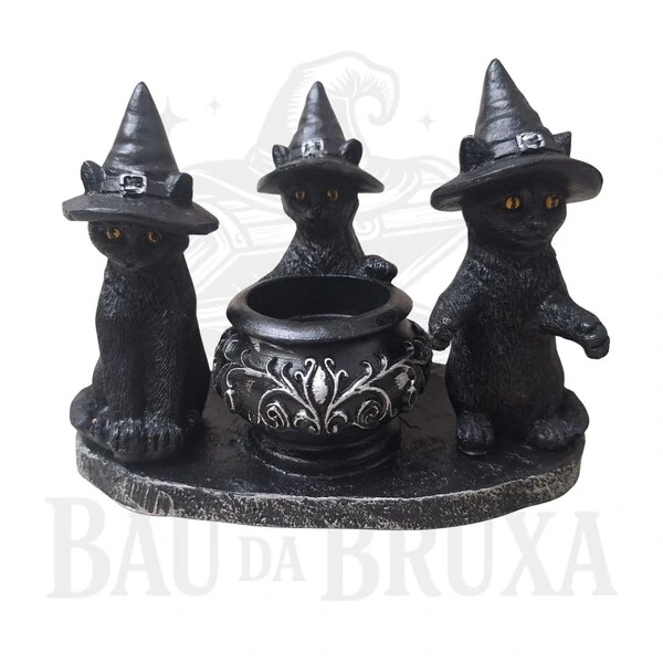 Trio de Gatos Bruxos com Caldeirão - Incensário e Porta Vela