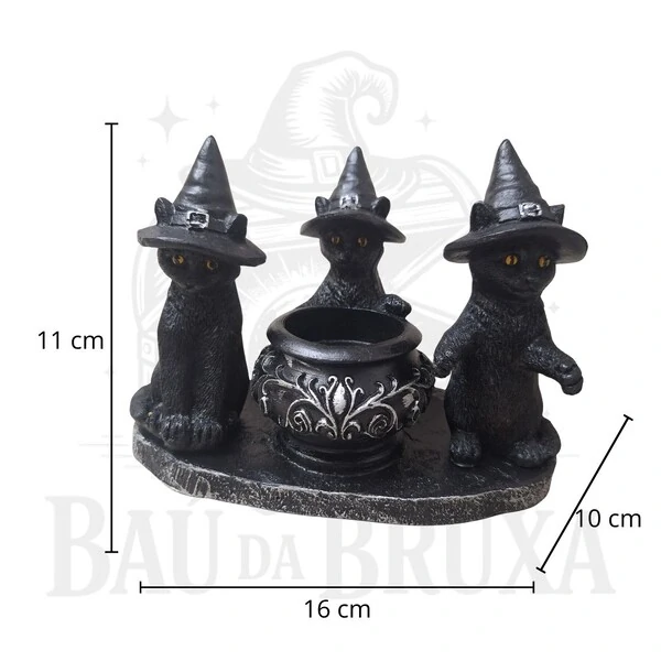 Trio de Gatos Bruxos com Caldeirão - Incensário e Porta Vela