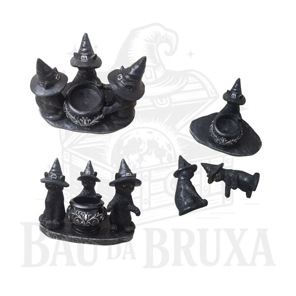 Trio de Gatos Bruxos com Caldeirão - Incensário e Porta Vela