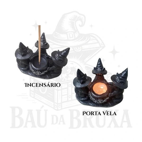 Trio de Gatos Bruxos com Caldeirão - Incensário e Porta Vela