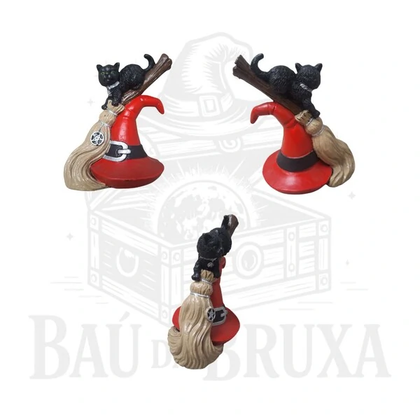 Gato sobre a Vassoura e Chapéu de Bruxa