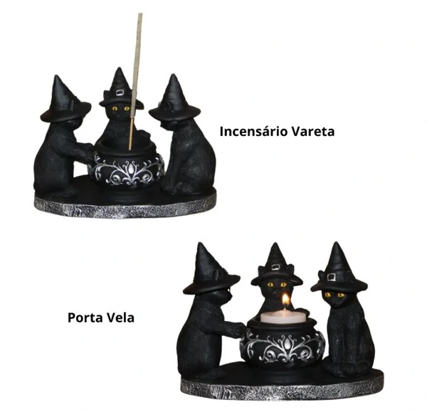 Trio de Gatos Bruxos com Caldeirão - Incensário e Porta Vela