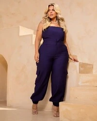 Conjunto Plus Size Aladim Cropped Tomara que Caia e Calça Cargo — Bege e Azul | Rosa Miliossi
