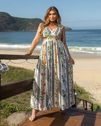 Vestido Plus Size Longo Estampado Alças Babados