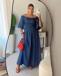 Vestido Plus Size Longo Com Elastex e Manga Tencel