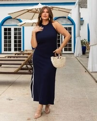 Vestido Plus Size Canelado com Listra