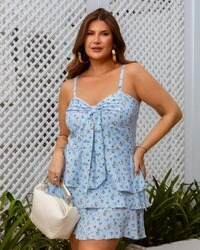 Conjunto Plus Size Blusa Amarração e Saia Babados