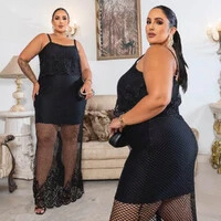 Conjunto Plus Size Blusa Saia Midi Tela Preto