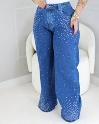 Calça WideLeg Jeans Plus Size Brilhos