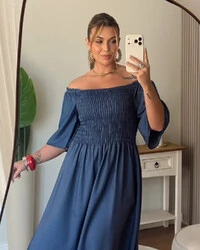 Vestido Plus Size Longo Com Elastex e Manga Tencel