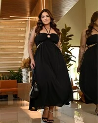 Vestido Plus Size Midi Com Recorte na Cintura