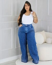 Calça WideLeg Jeans Plus Size Brilhos