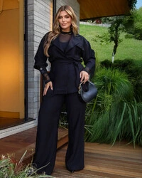 Conjunto Plus Size Calça Pantalona e Blazer Amarração