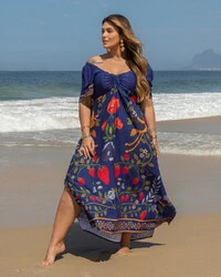 Vestido Plus Size Longo Cigana com Amarril Busto