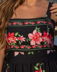 Vestido Plus Size Longo Estampado Alças com Decote Quadrado