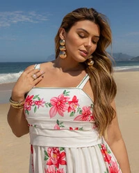 Vestido Plus Size Longo Estampado Alças com Decote Quadrado