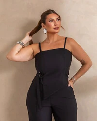 Conjunto Plus Size Calça Pantalona e Cropped Assimetrico Fivela