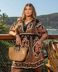 Vestido Plus Size Curto Tipo Kafta