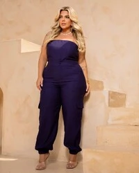 Conjunto Plus Size Aladim Cropped Tomara que Caia e Calça Cargo — Bege e Azul | Rosa Miliossi