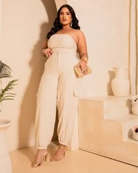 Conjunto Plus Size Aladim Cropped Tomara que Caia e Calça Cargo — Bege e Azul | Rosa Miliossi