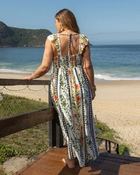 Vestido Plus Size Longo Estampado Alças Babados