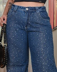 Calça Wide Leg Plus Size Brilhos Strass