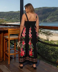 Vestido Plus Size Longo Estampado Alças com Decote Quadrado