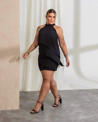 Conjunto Plus Size Short Saia e Blusa Assimetrica com Camadas