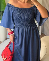 Vestido Plus Size Longo Com Elastex e Manga Tencel